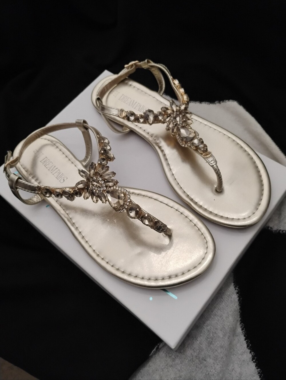Bejeweled Gold Metallic T Strap Sandals by Dream Pairs Sz 10